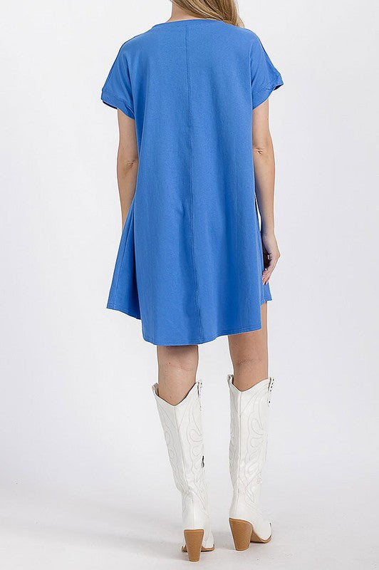 Blue Short Sleeve Sequins Graphic Tunic Mini Dress