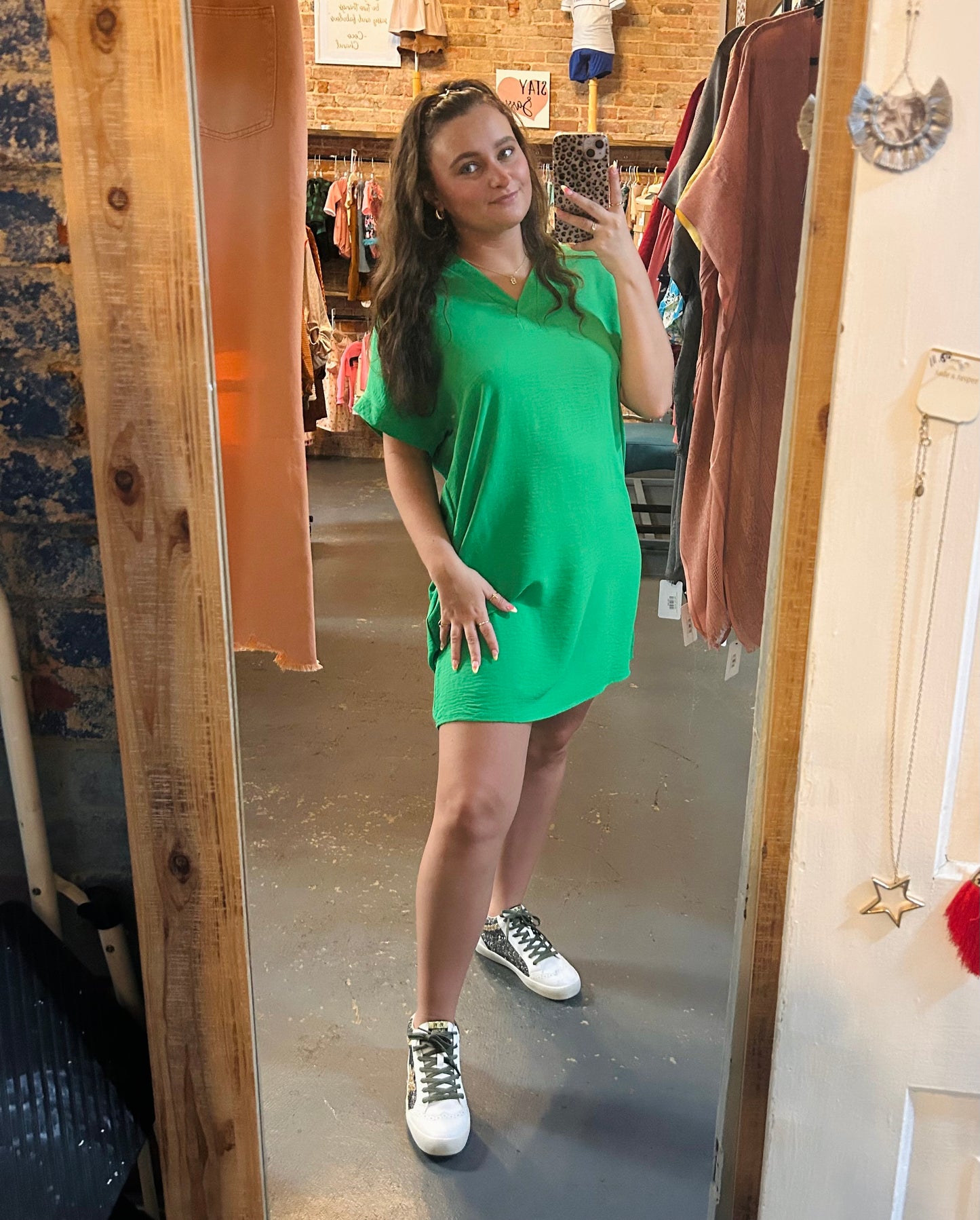 Green CRINKLED WOVEN POCKETED SHIRT DRESS