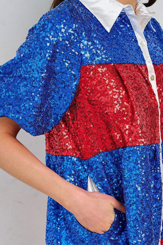 Puff Sleeve Front Pockets Colorblock Sequins Dress