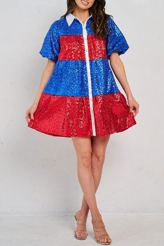 Puff Sleeve Front Pockets Colorblock Sequins Dress