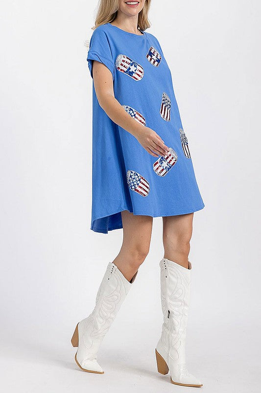 Blue Short Sleeve Sequins Graphic Tunic Mini Dress
