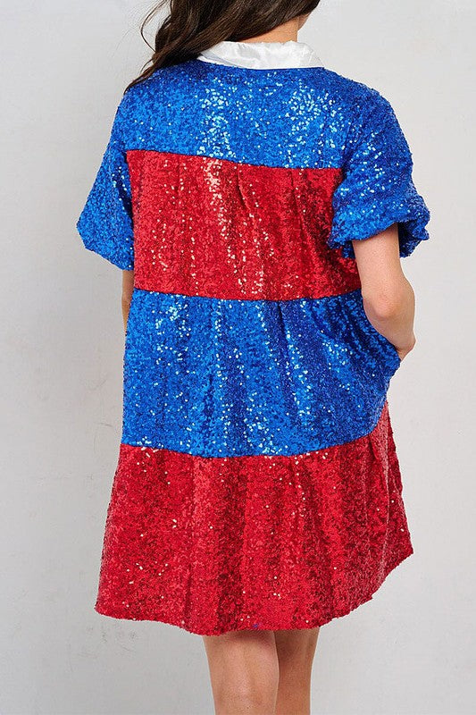 Puff Sleeve Front Pockets Colorblock Sequins Dress