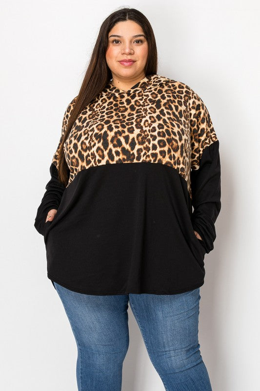 Solid Hoodie Top With Leopard Print