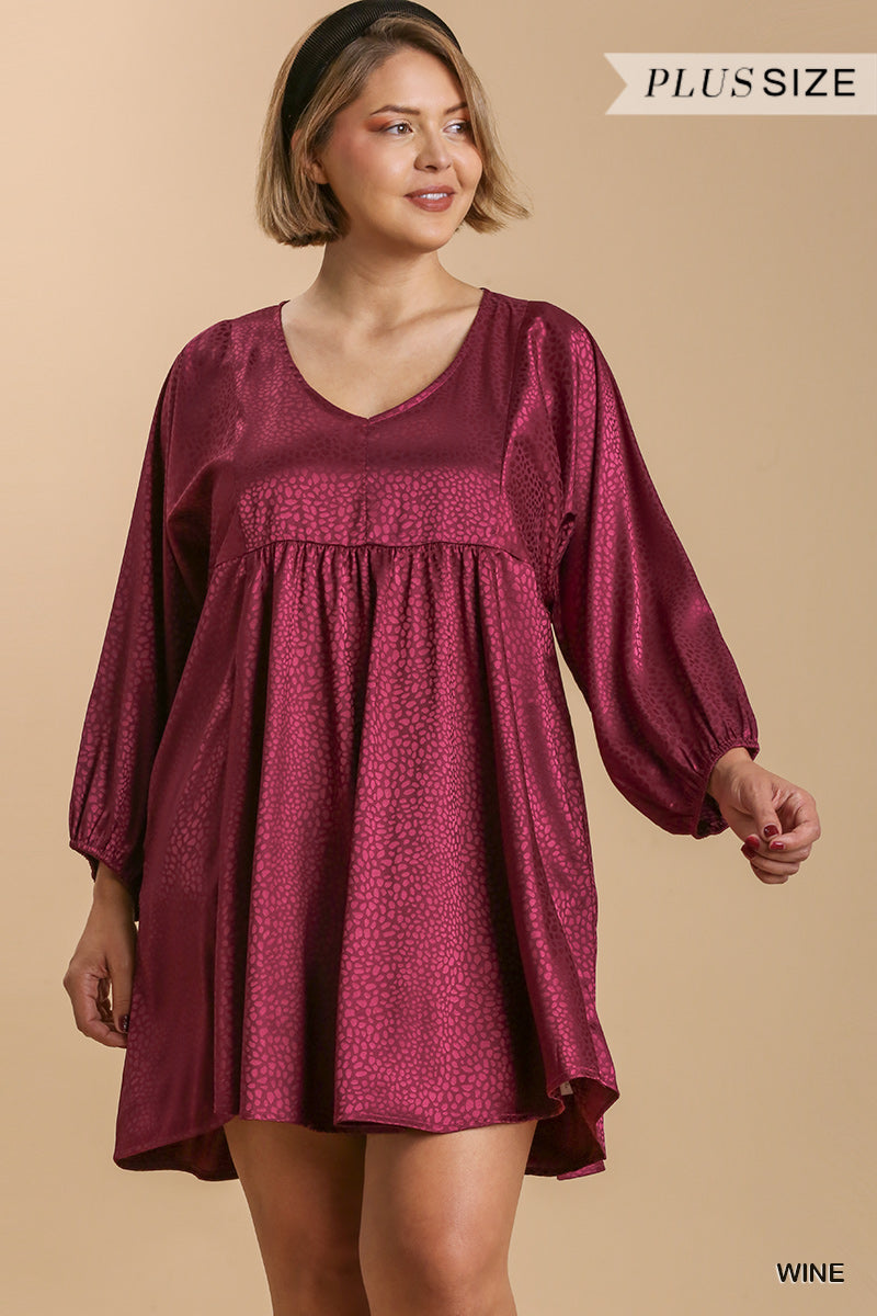 Animal Print Long Puff Sleeve V-Neck Babydoll Dress with Pockets