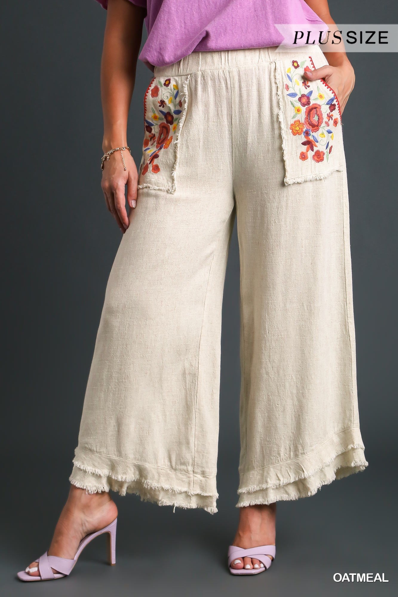Embroidery Elastic Waistband Pants