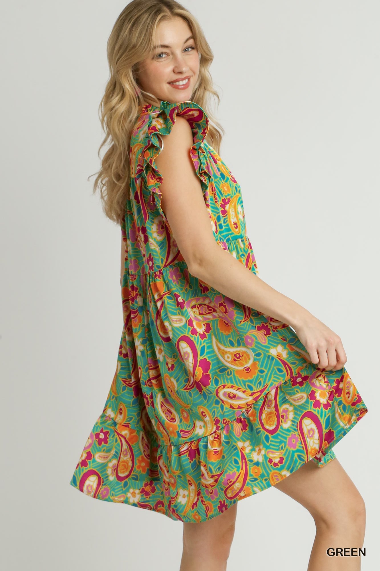 Ruffle V-Neck Paisley Print A-Line Dress with Flutter Sleeves