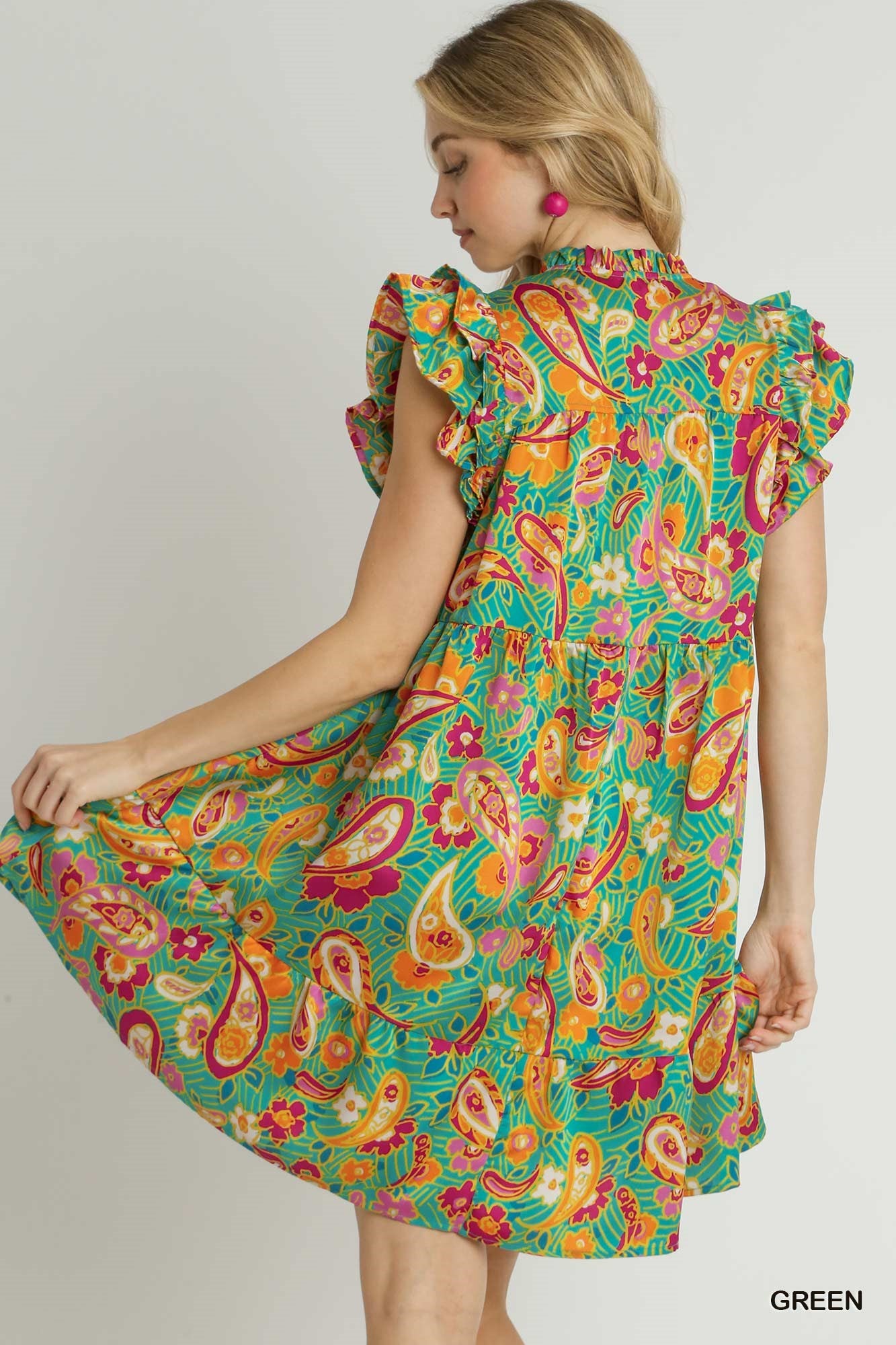 Ruffle V-Neck Paisley Print A-Line Dress with Flutter Sleeves