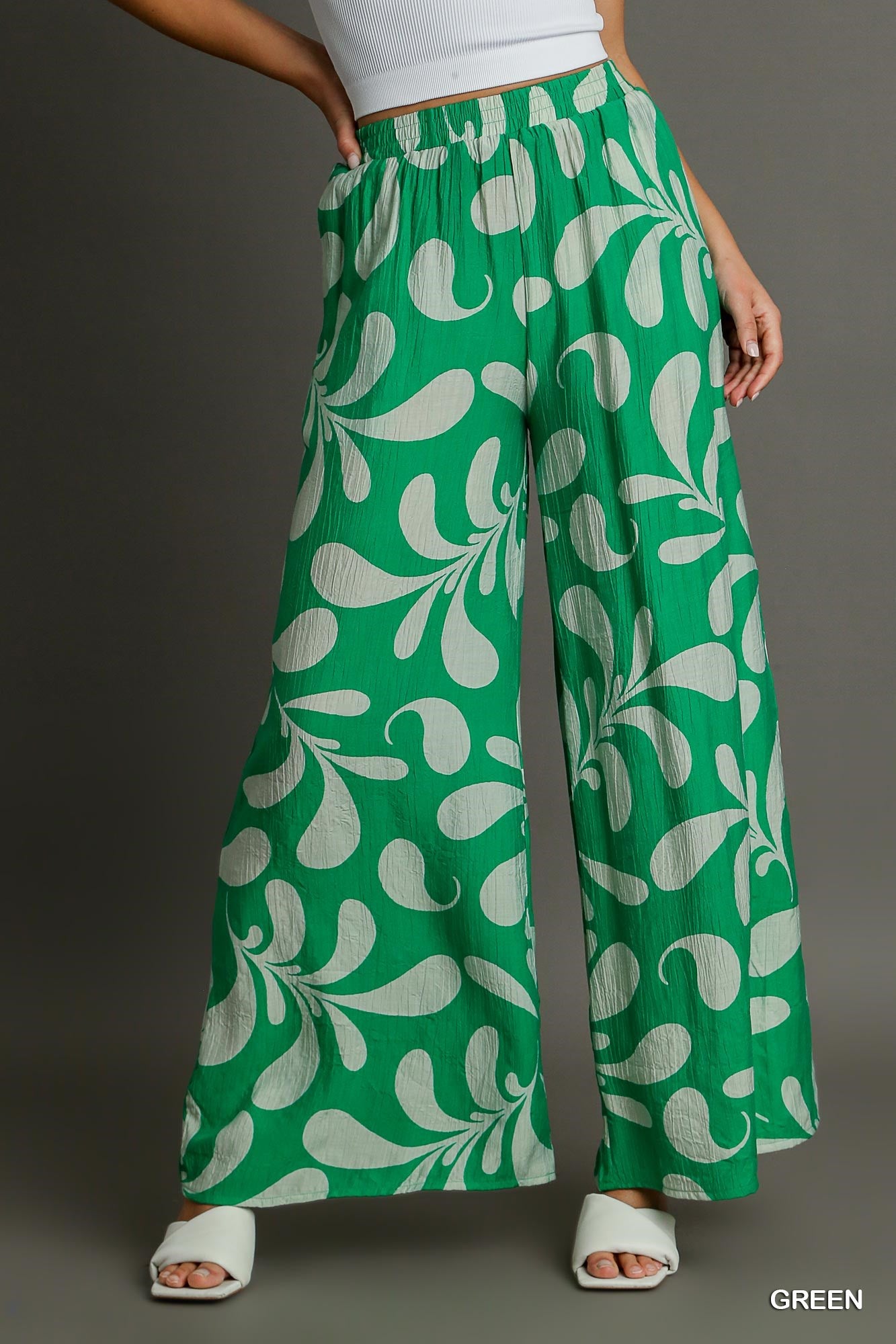 Crinkled Two Tone Print Palazzo Wide Leg Pants with Side Pockets