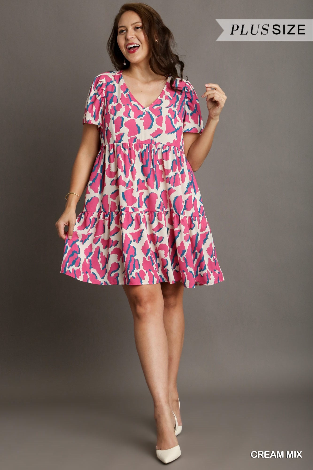 Cream Abstract Print V-Neck Tiered Dress with Pleat Detail On Sleeves