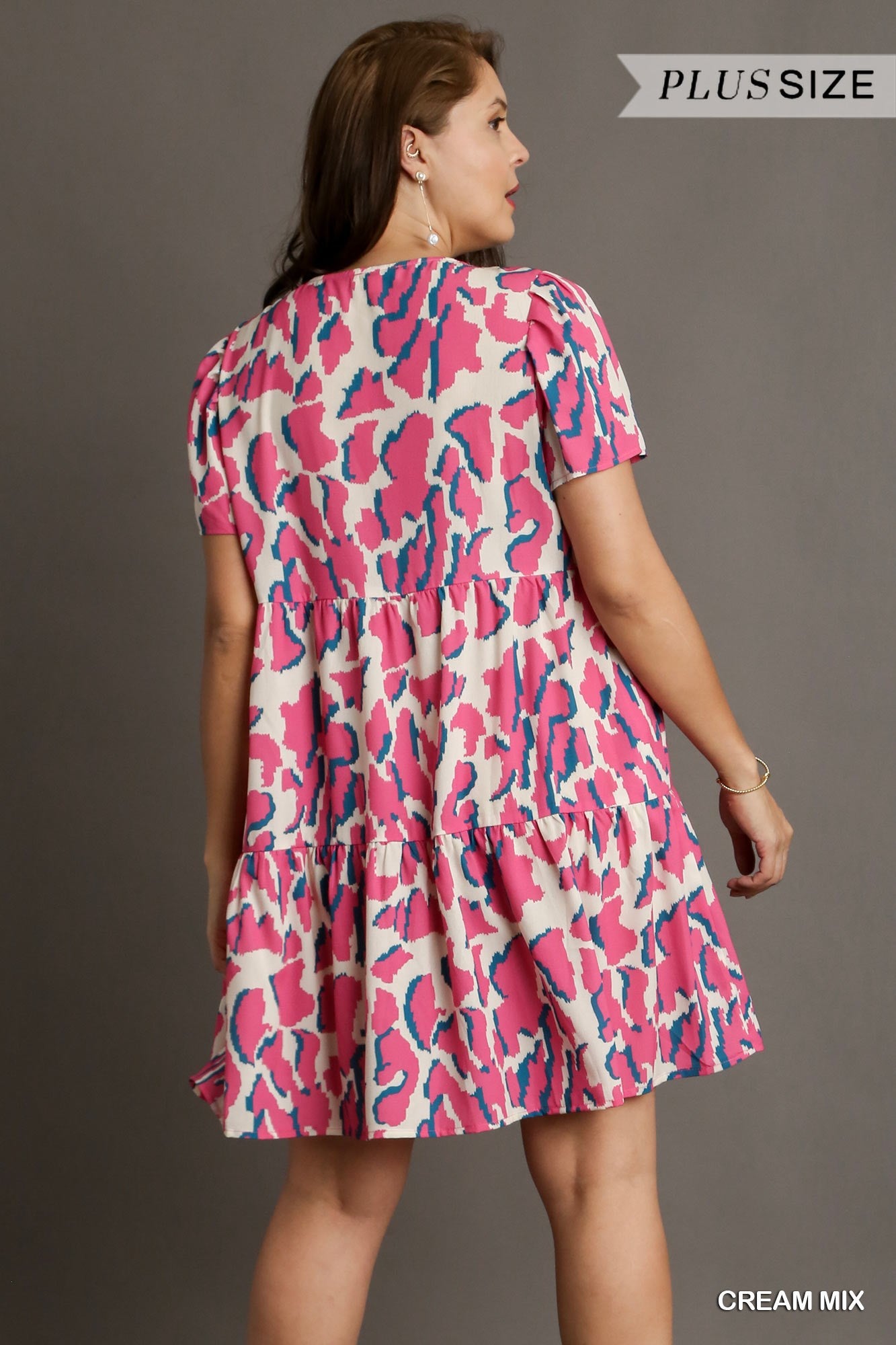 Cream Abstract Print V-Neck Tiered Dress with Pleat Detail On Sleeves