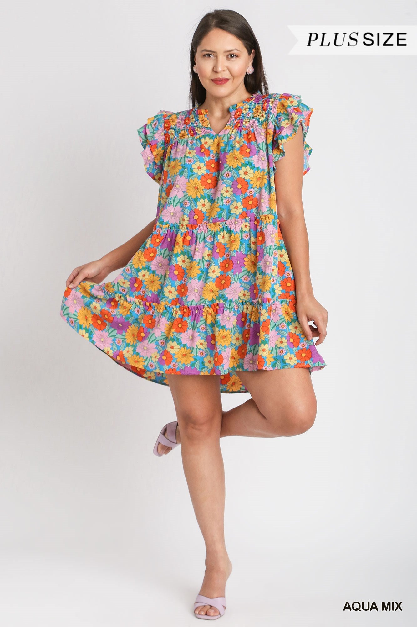 V-Notched Floral Print Dress with Double Layered Ruffle Sleeve, & Pocket Details