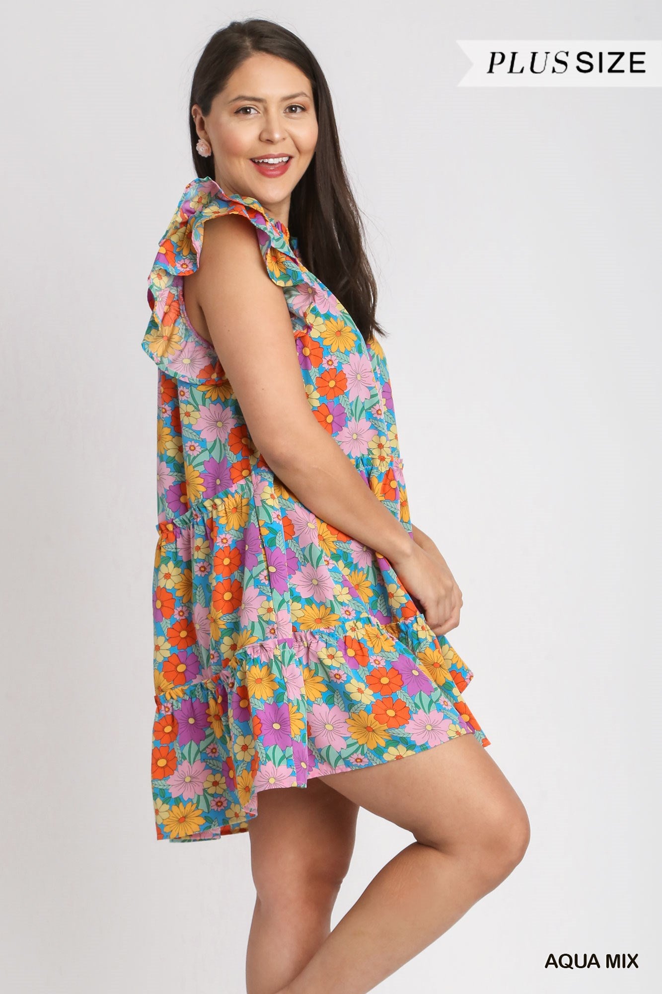 V-Notched Floral Print Dress with Double Layered Ruffle Sleeve, & Pocket Details