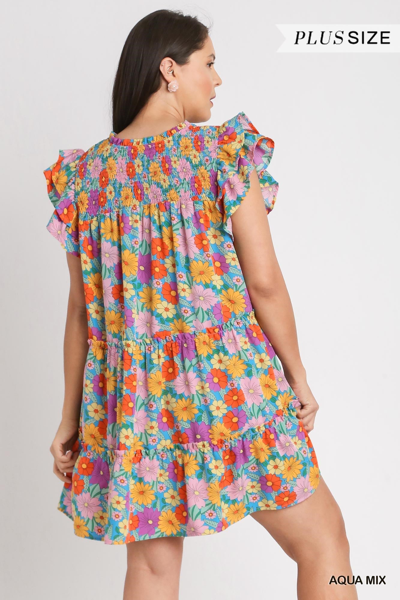 V-Notched Floral Print Dress with Double Layered Ruffle Sleeve, & Pocket Details