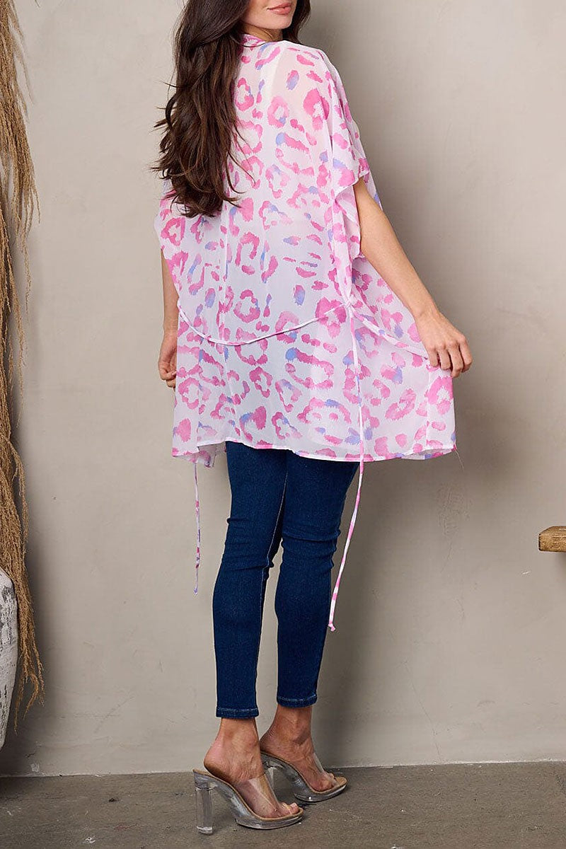 ANIMAL PRINT OPEN FRONT SELF TIE KIMONO