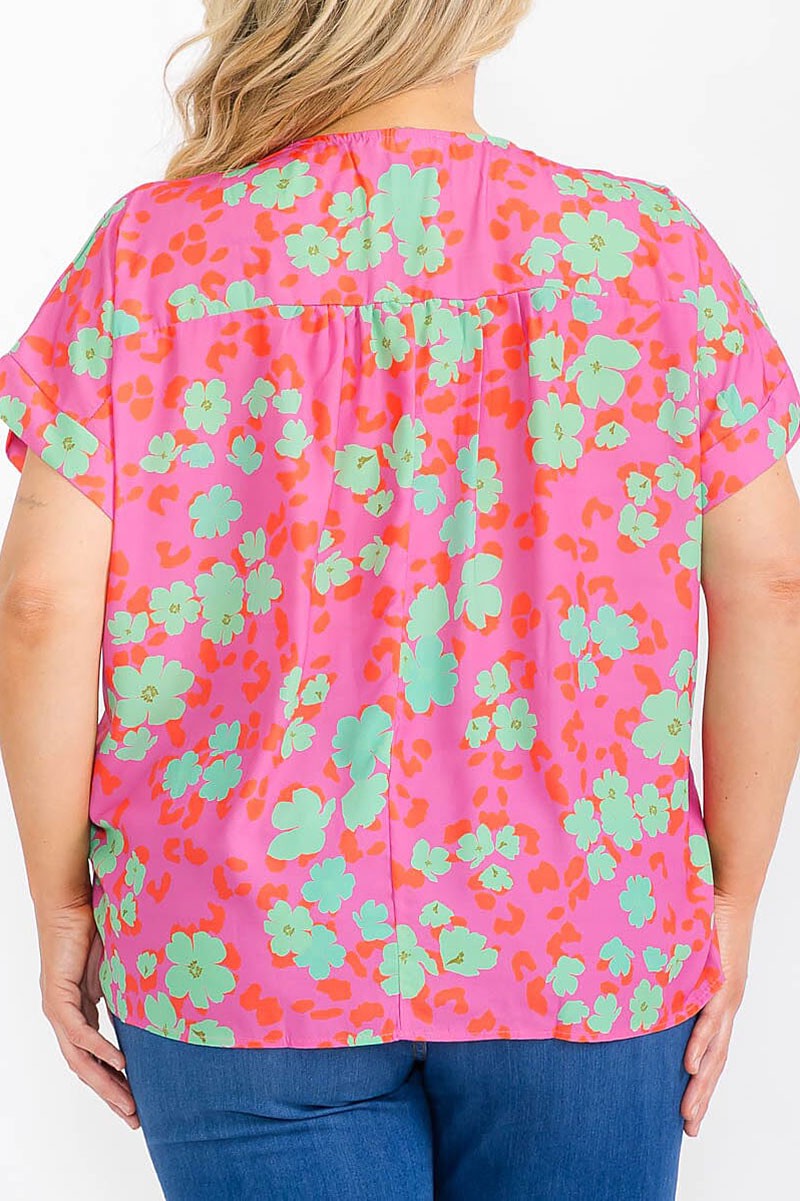PINK SHORT SLEEVE V-NECK FLORAL TUNIC BLOUSE