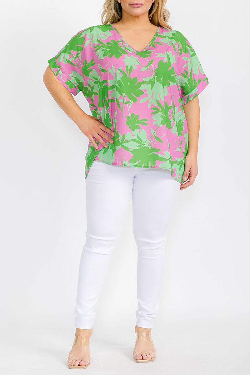 PINK/GREEN SHORT SLEEVE V-NECK FLORAL TUNIC BLOUSE