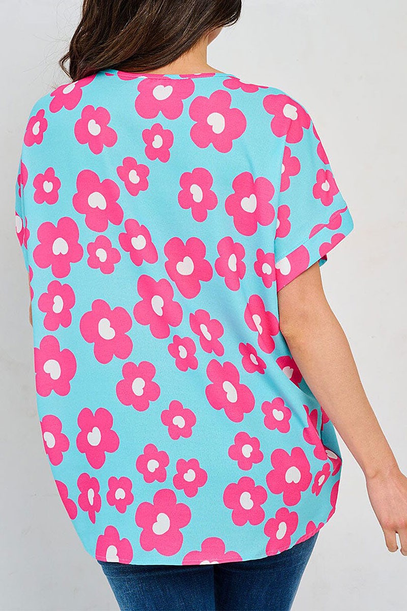 ICE BLUE SHORT SLEEVE V-NECK TUNIC FLORAL BLOUSE