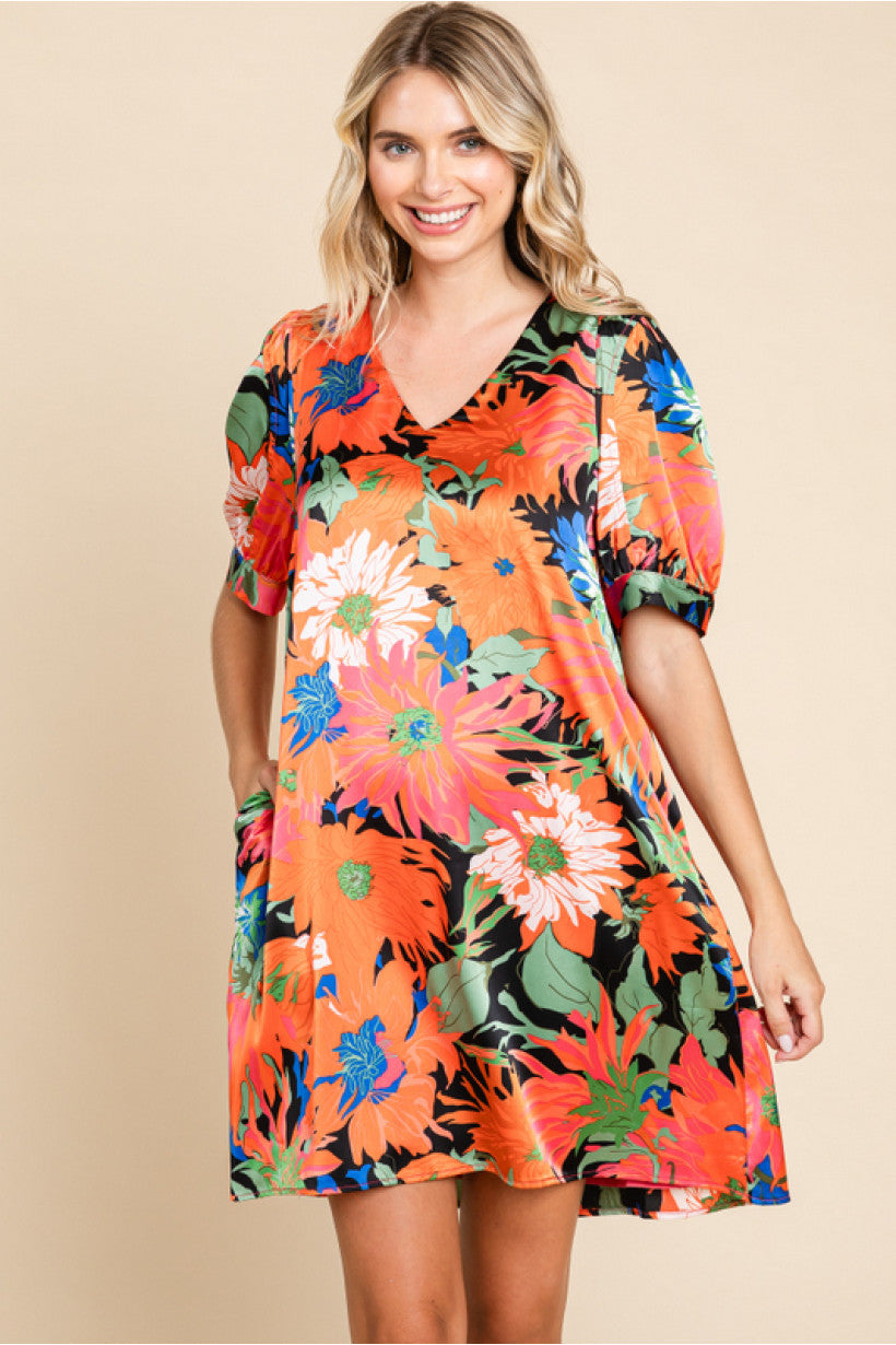 Satin Orange Mix Floral Dress