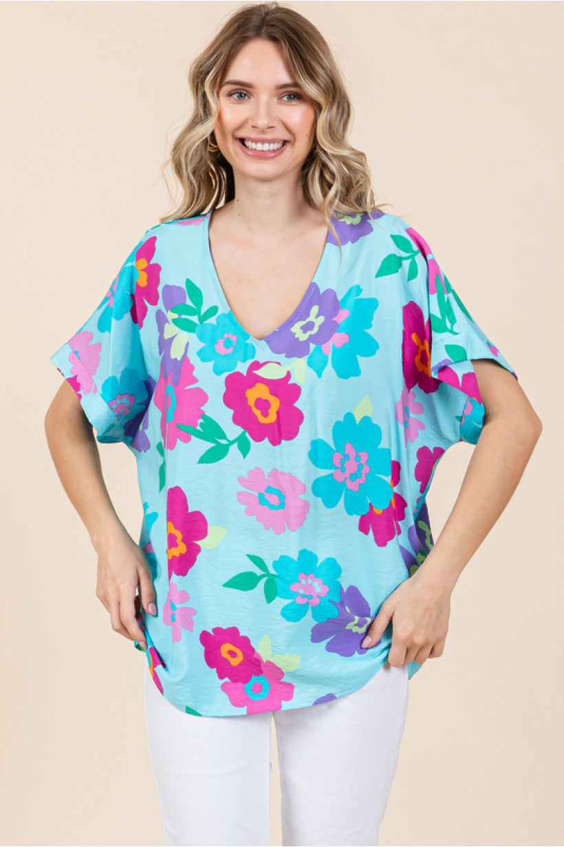 Turquoise Flower Print Top