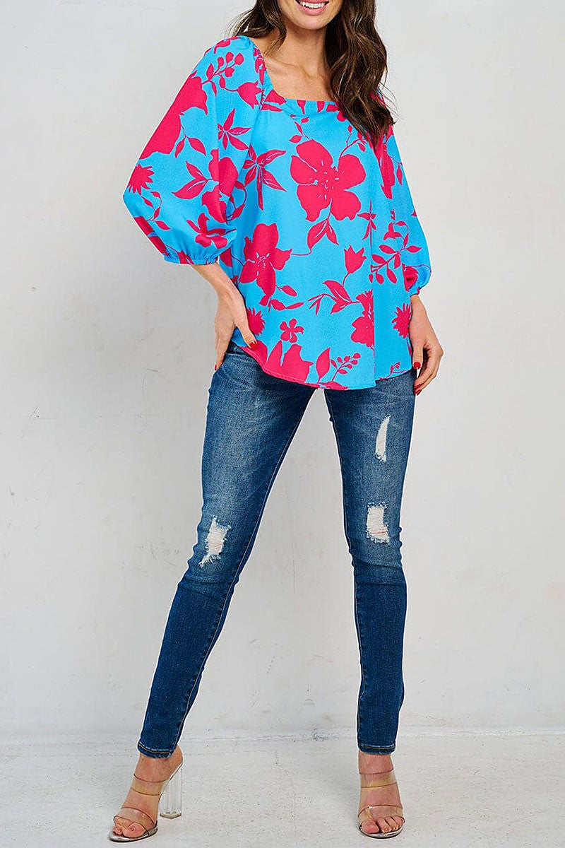 FLORAL PRINT SUQARE NECK LOOSE FIT TUNIC TOP
