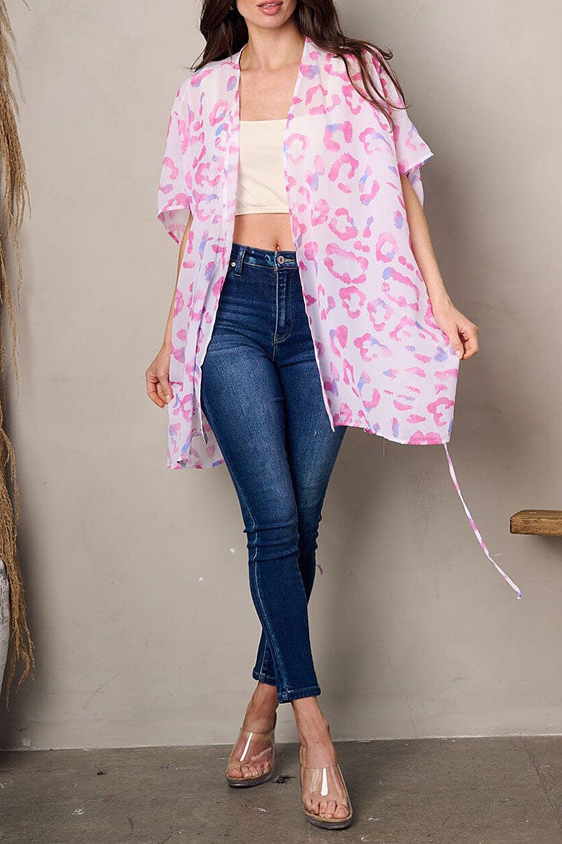ANIMAL PRINT OPEN FRONT SELF TIE KIMONO