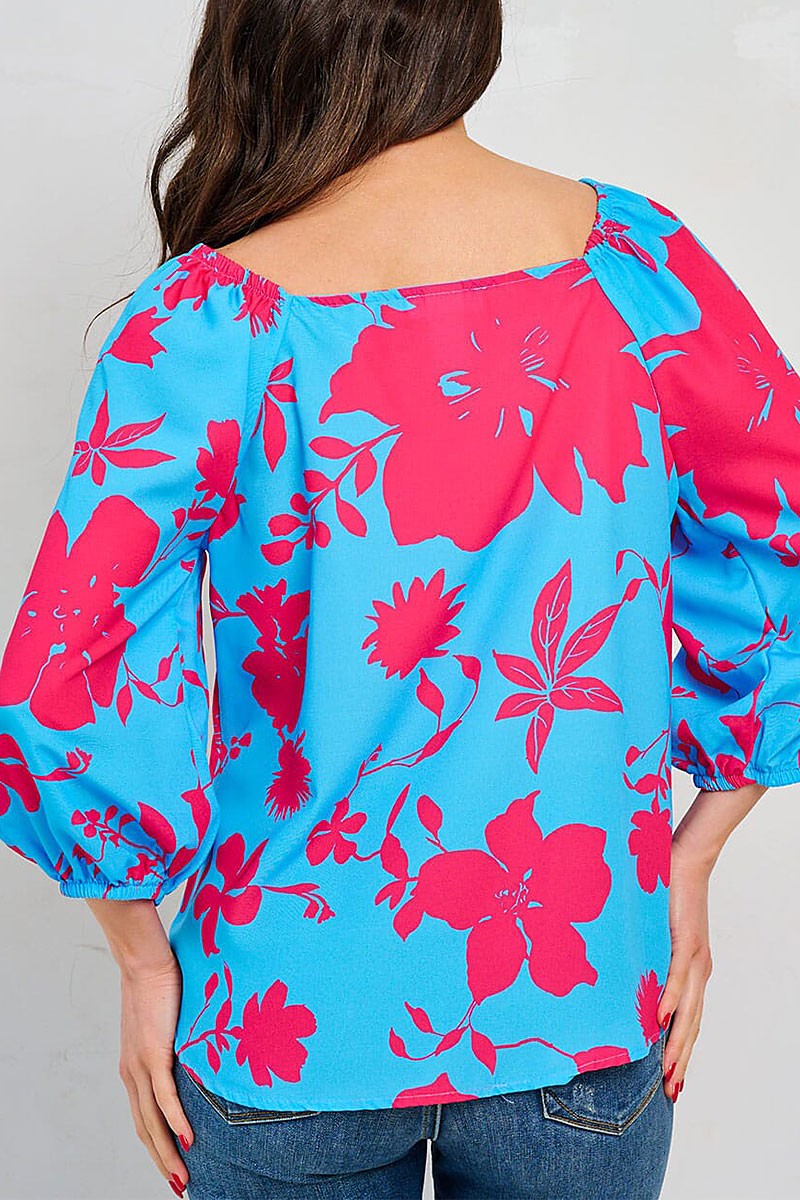 FLORAL PRINT SUQARE NECK LOOSE FIT TUNIC TOP