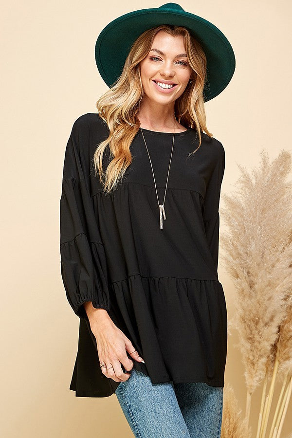 BLACK SOLID TIERED CUFFED LOOSE FITTING TOP