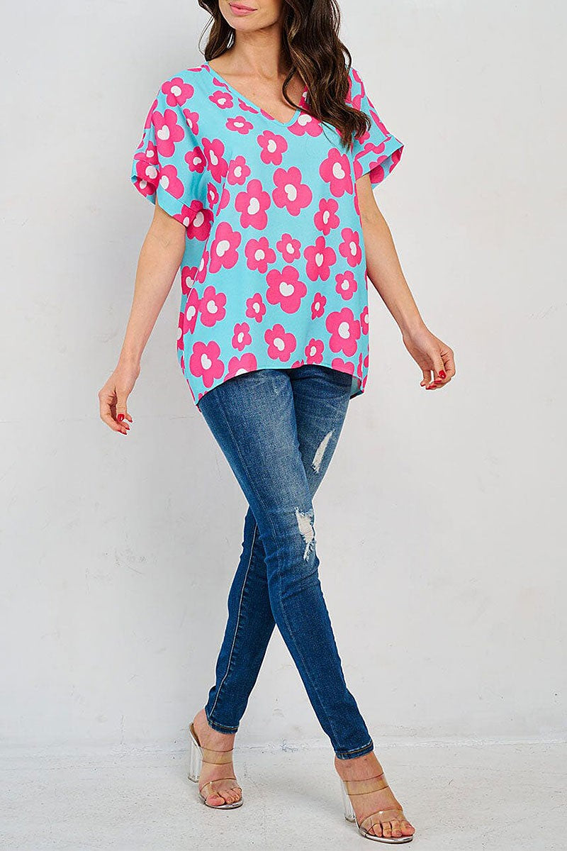 ICE BLUE SHORT SLEEVE V-NECK TUNIC FLORAL BLOUSE