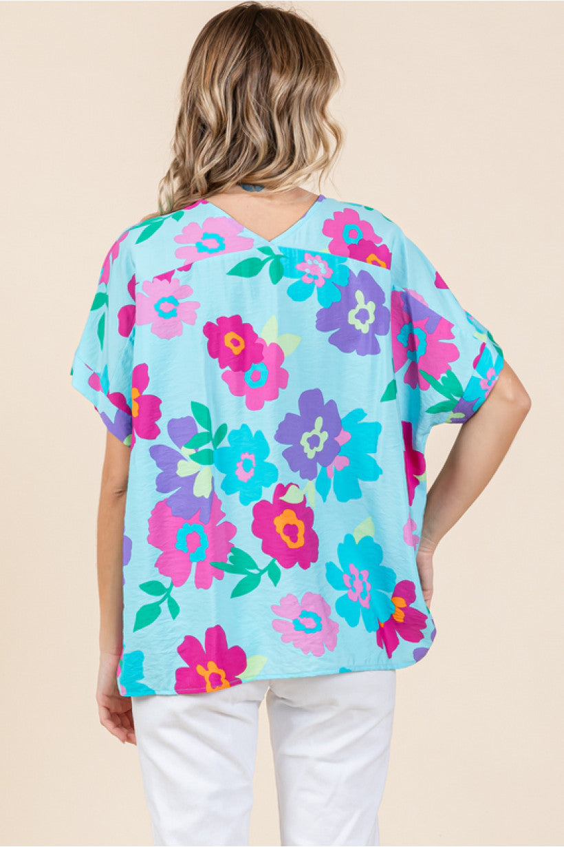 Turquoise Flower Print Top