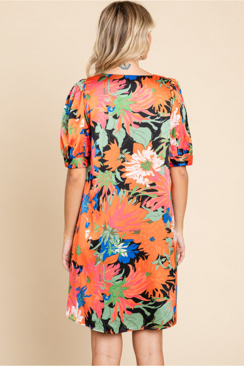 Satin Orange Mix Floral Dress