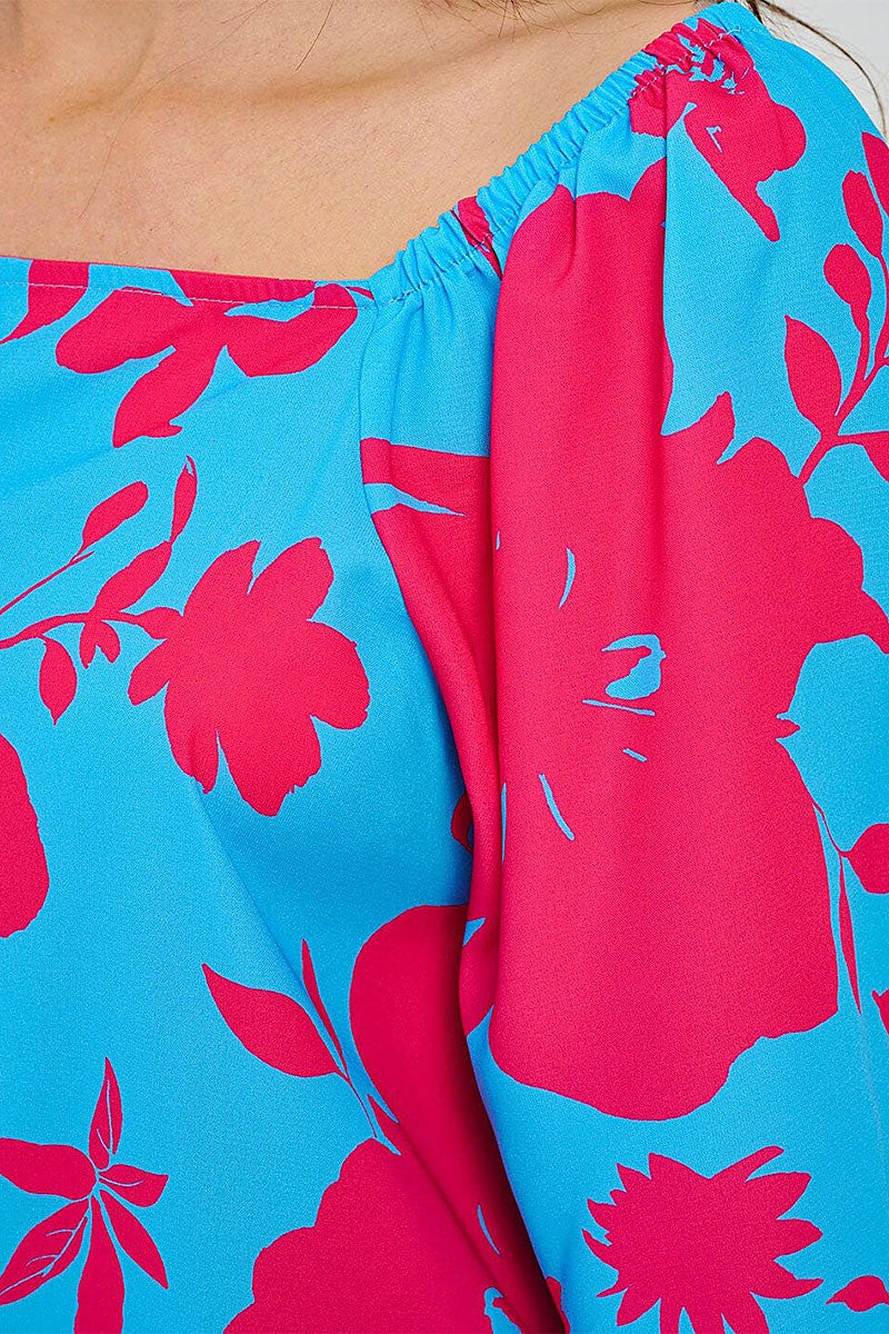 FLORAL PRINT SUQARE NECK LOOSE FIT TUNIC TOP