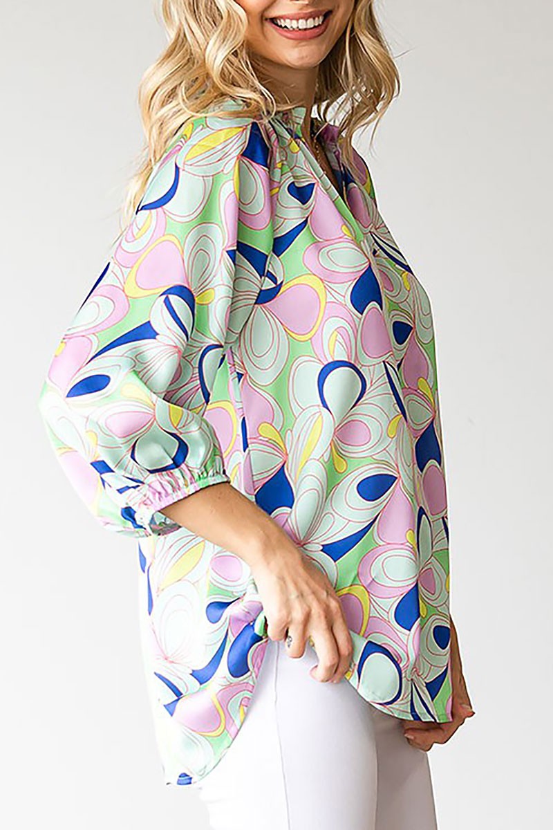 MINT PATTERN PRINT RUFFLE SLEEVE BLOUSE