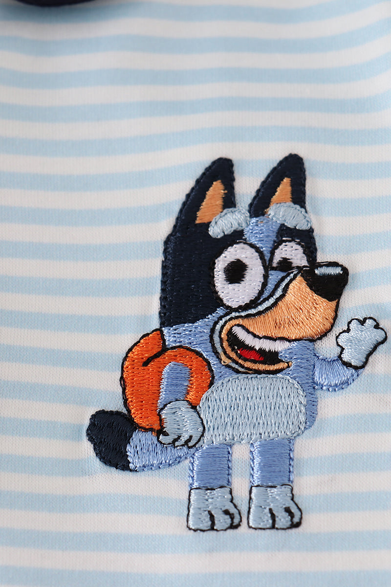 Blue stripe character embroidery button down shirt