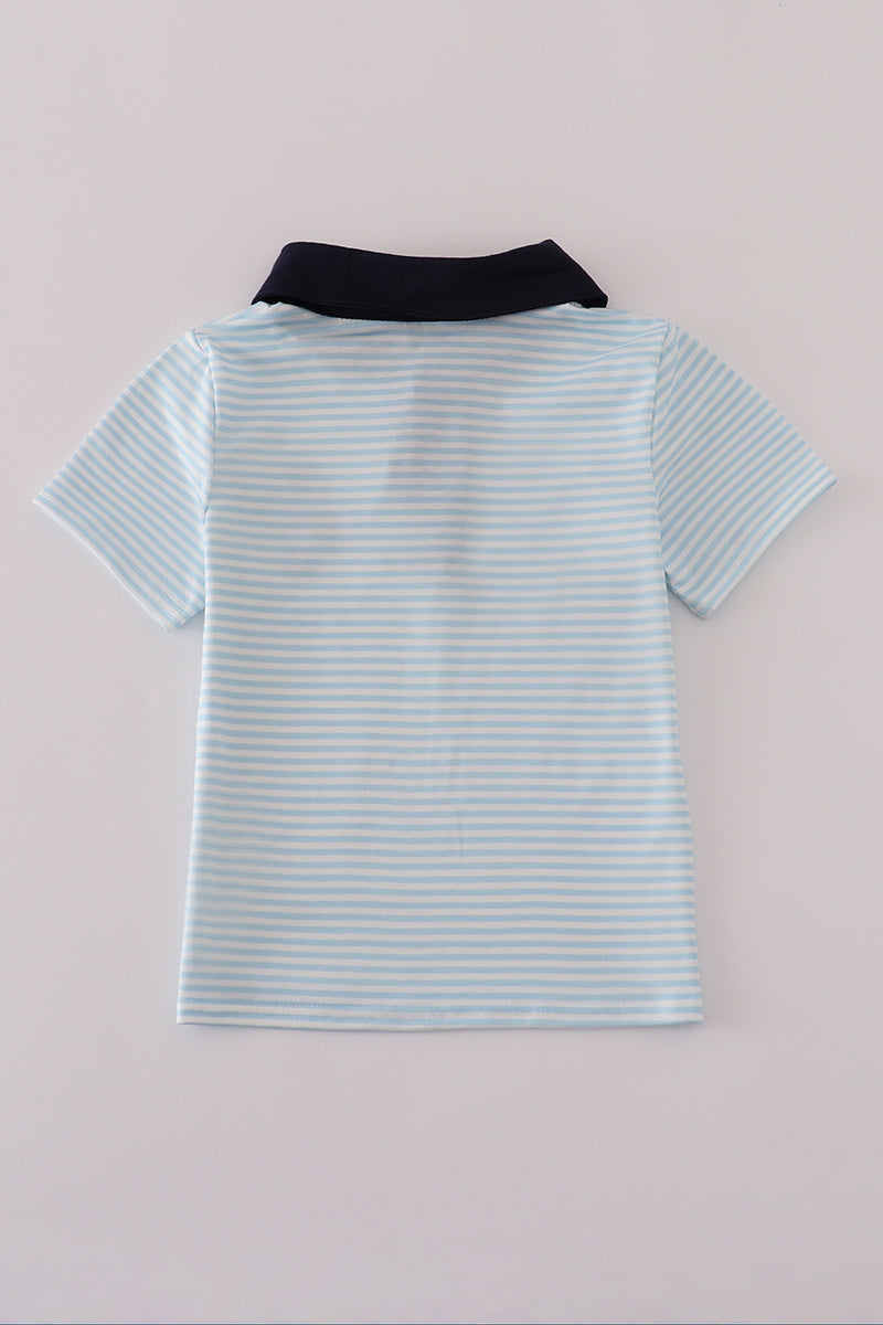 Blue stripe character embroidery button down shirt