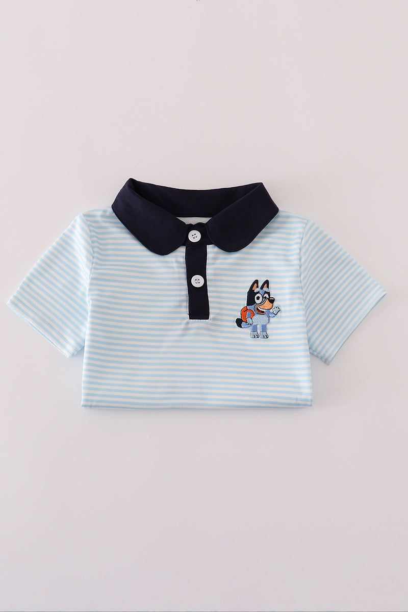 Blue stripe character embroidery button down shirt