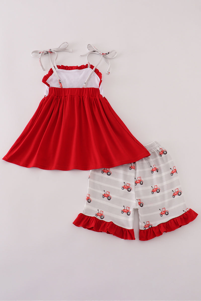 Red tractor embroidery ruffle shorts set