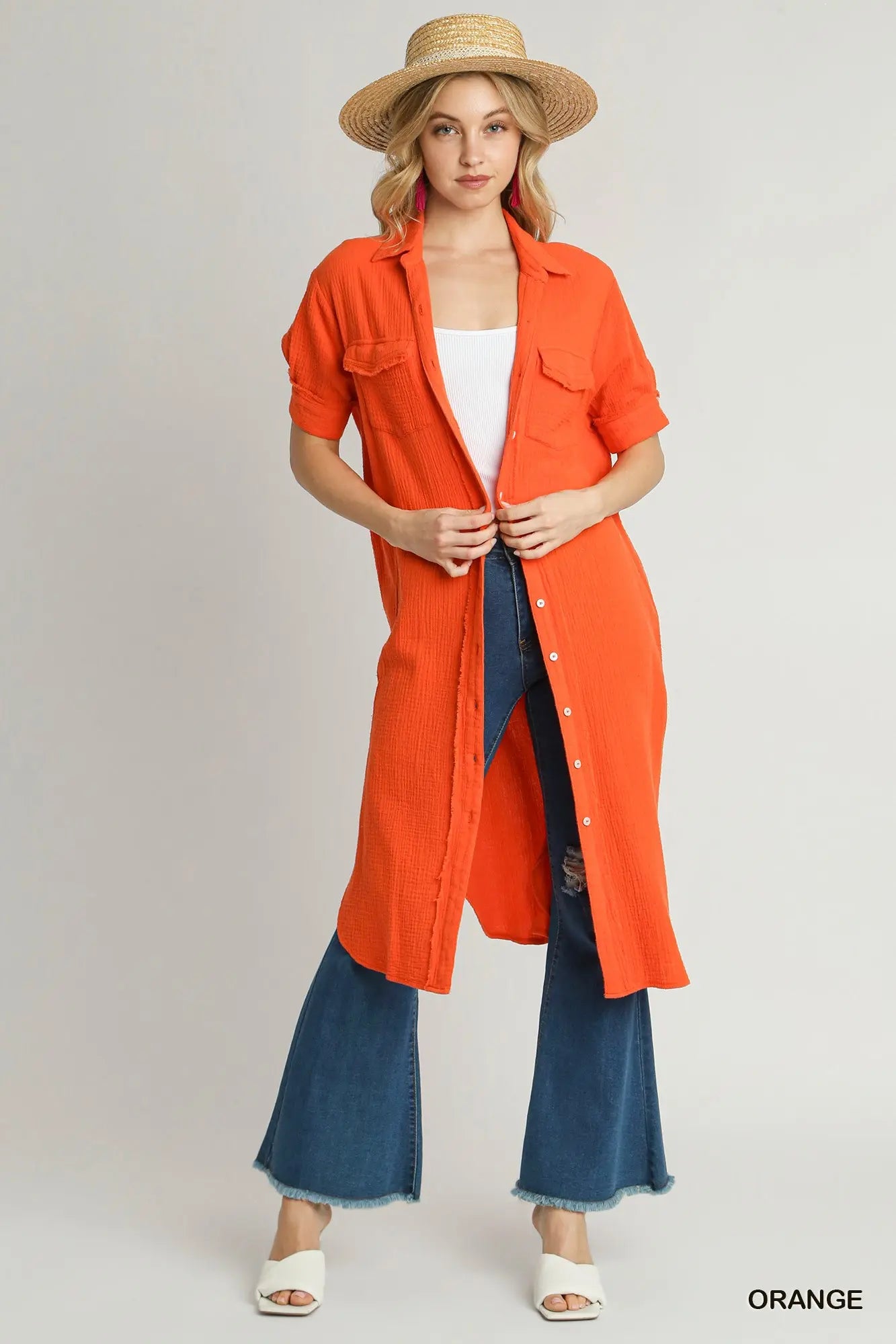 Orange Button Up Cotton Gauze Midi Dress with Pocket Details