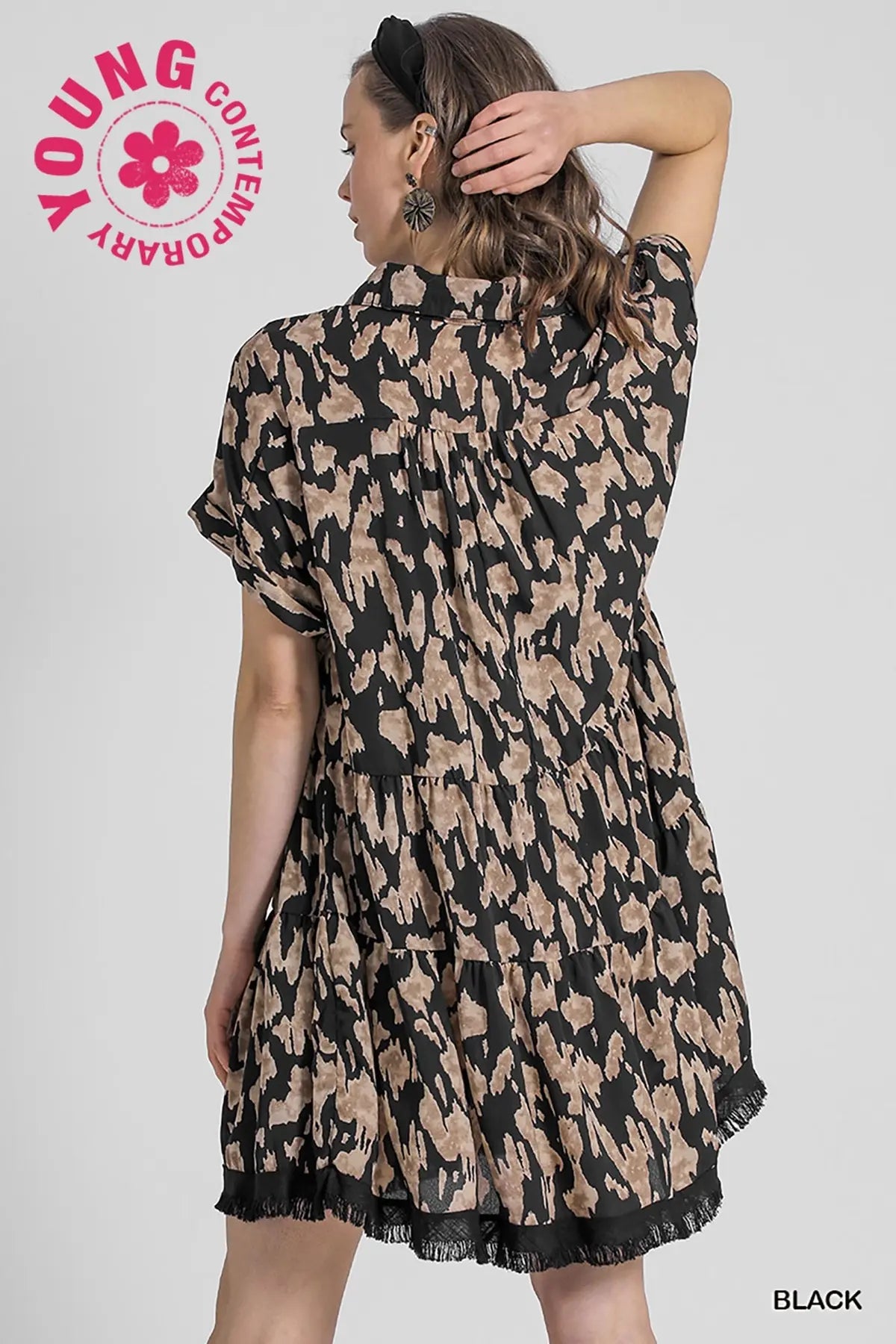 Black Animal Print Collared Split Neck Tiered Dress with Frayed Hem