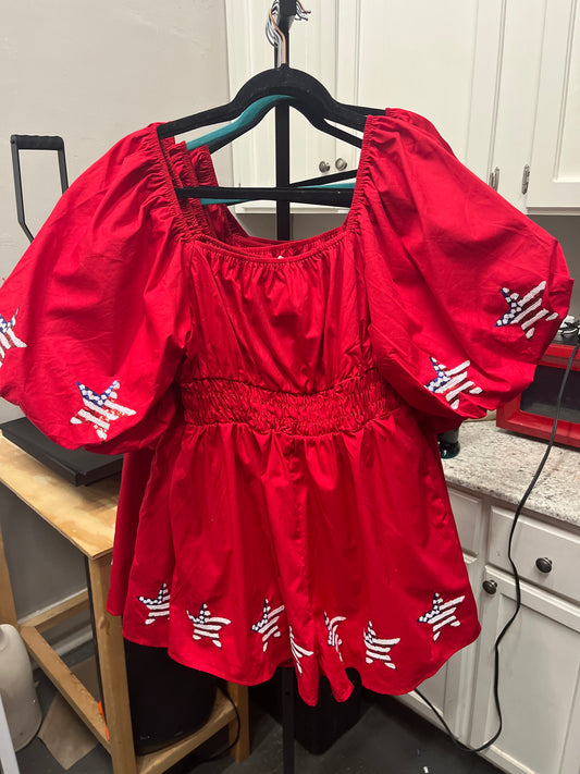 Red Front Pockets Smock Waist Sequins Patriotic Romper