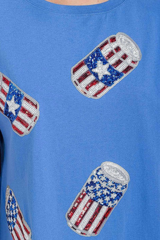 Blue Short Sleeve Sequins Graphic Tunic Mini Dress