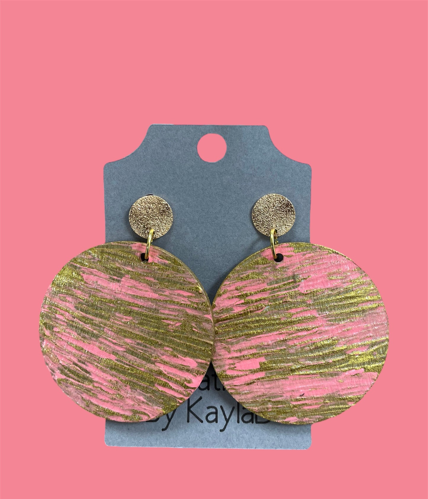#240 pink and gold painted circle earrings