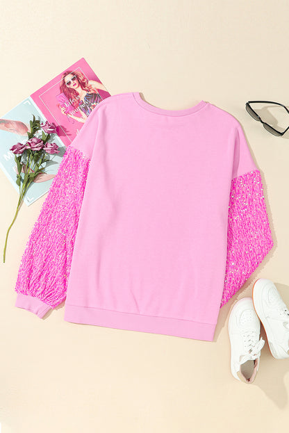 Pink Sequin Patchwork Long Sleeve Pullover Top