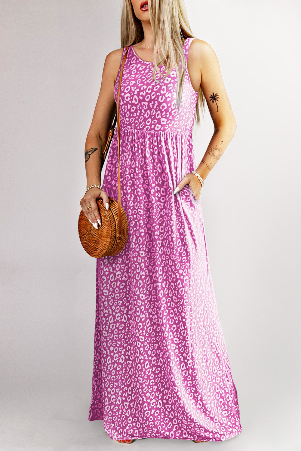 Rose Leopard Print Pocketed Sleeveless Maxi Dress