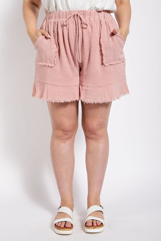 Lined Fluttered Hem Patch Pocket Shorts