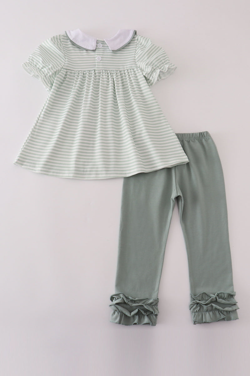Sage stripe french knot ruffle pants set