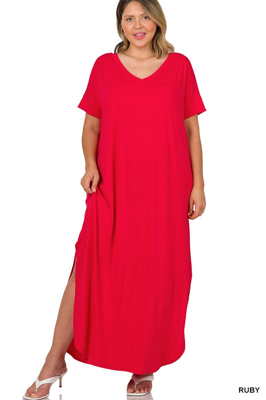 V-Neck Plus Size Maxi Dress (Ruby)