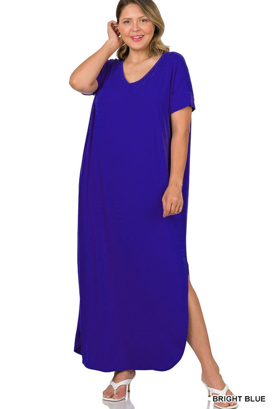 V-Neck Plus Size Maxidress (Bright Blue)