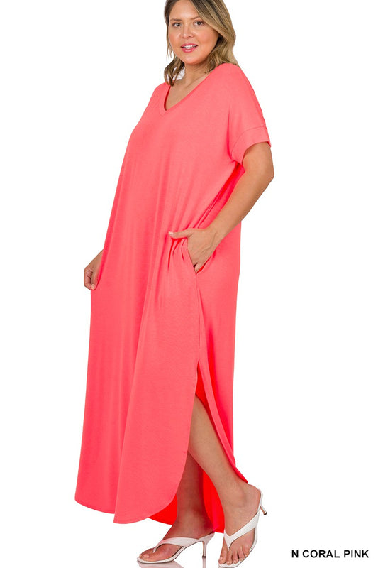 V-Neck Plus Size Maxi Dress ( Coral Pinl)
