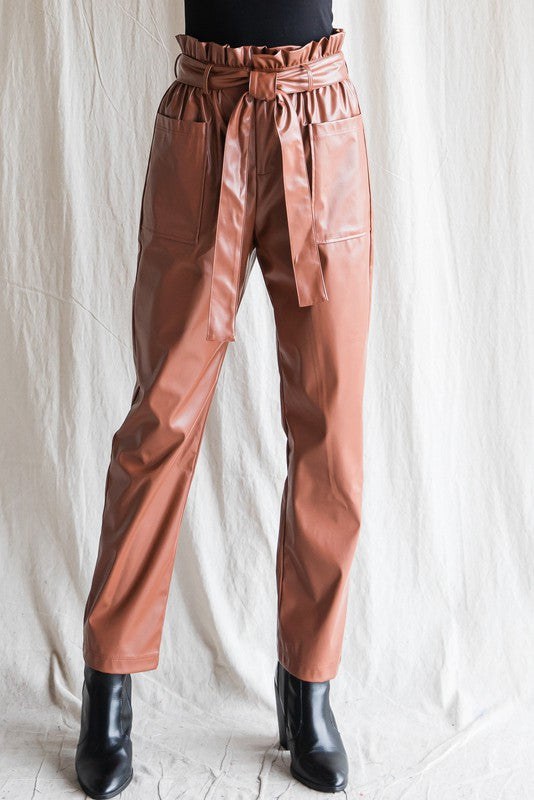 Pleather Belted Waist Pants