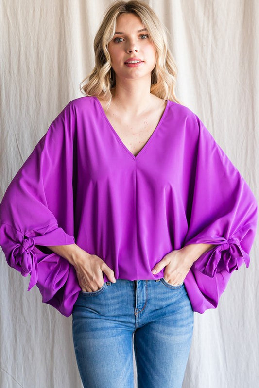 Solid 3/4 Tie-up Dolman Sleeves Top